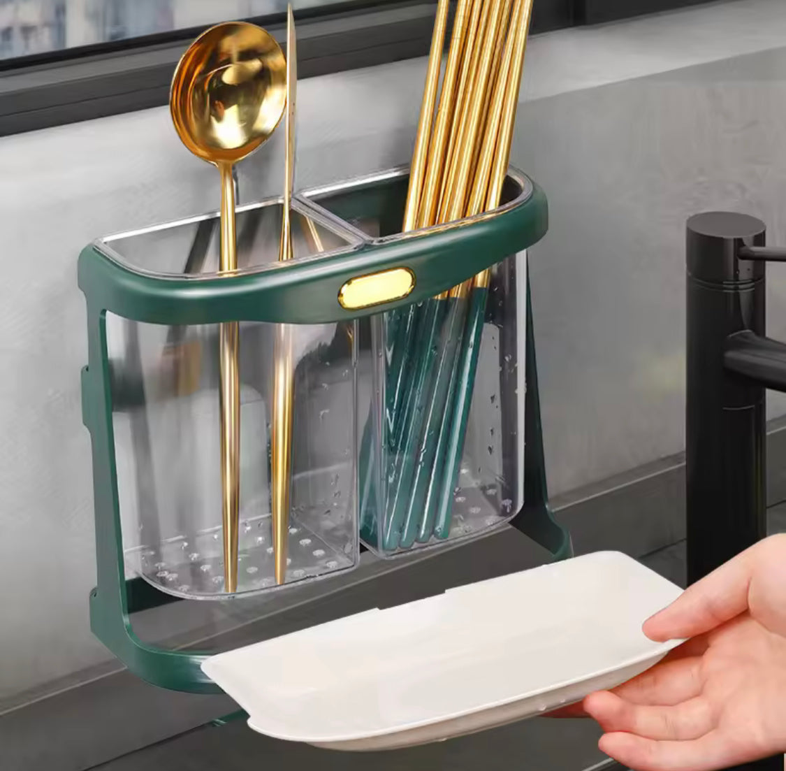 Wall Mounted Spoon Holder With Drain Tray, Double Grid Knife Forks Rack, Kitchen Cutlery Storage Organizer Wall Mounted Spoon Holder With Drain Tray, Double Grid Knife Forks Rack, Kitchen Cutlery Storage Organizer